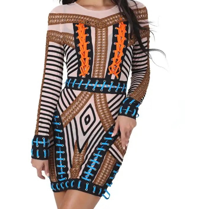 Woven Lace-Up Mesh Long Sleeve Bandage Mini Dress