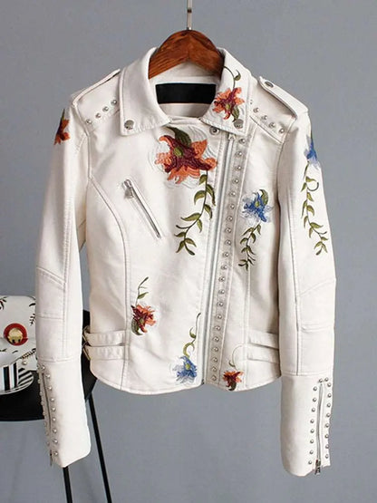 BEA Floral Print Embroidery Faux Leather Jacket
