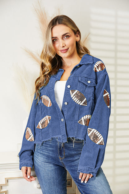 Sequin Football Patch Raw Hem Shacket