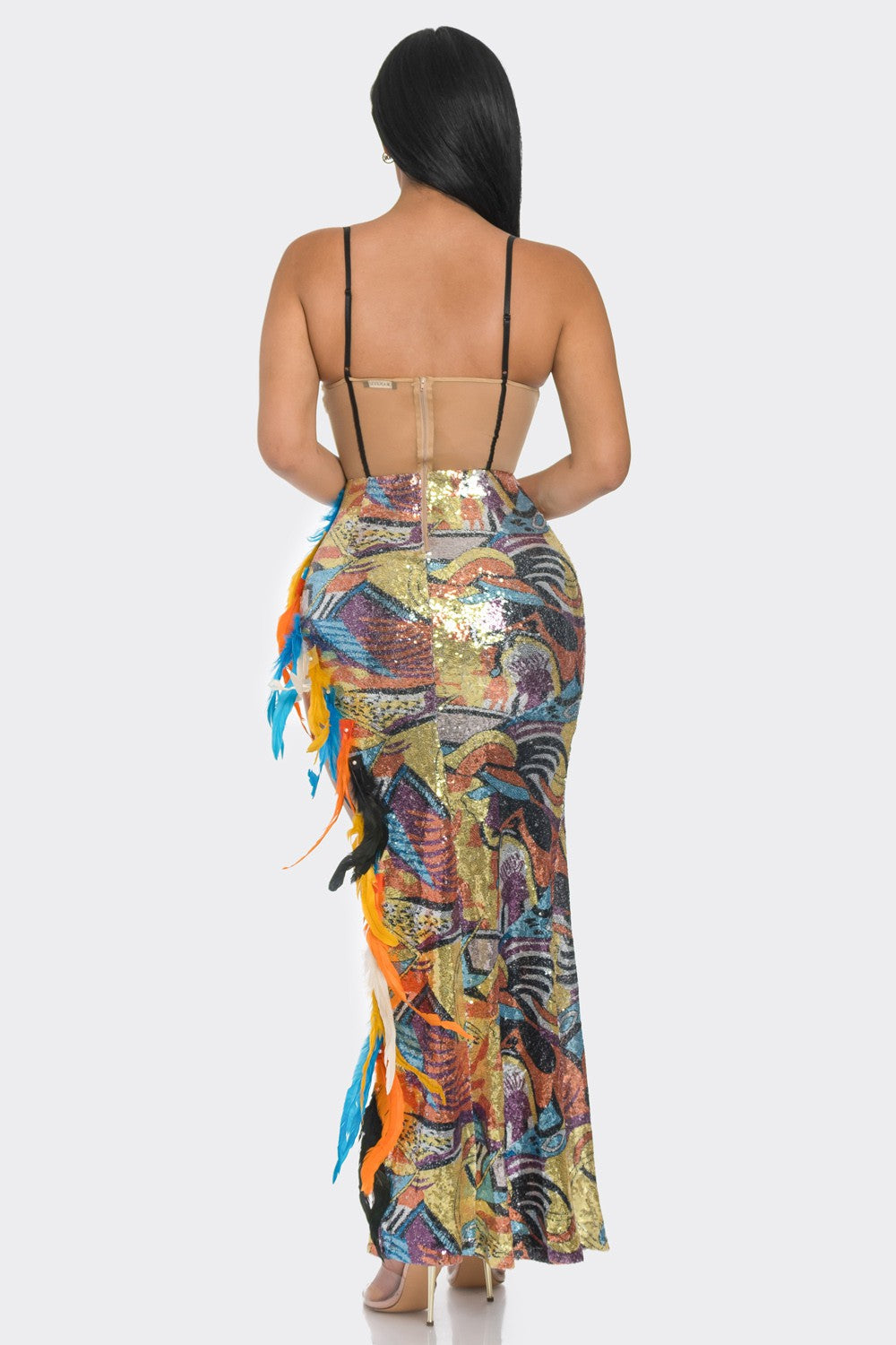 Sheer Mesh Feather Corset Sequin Dress