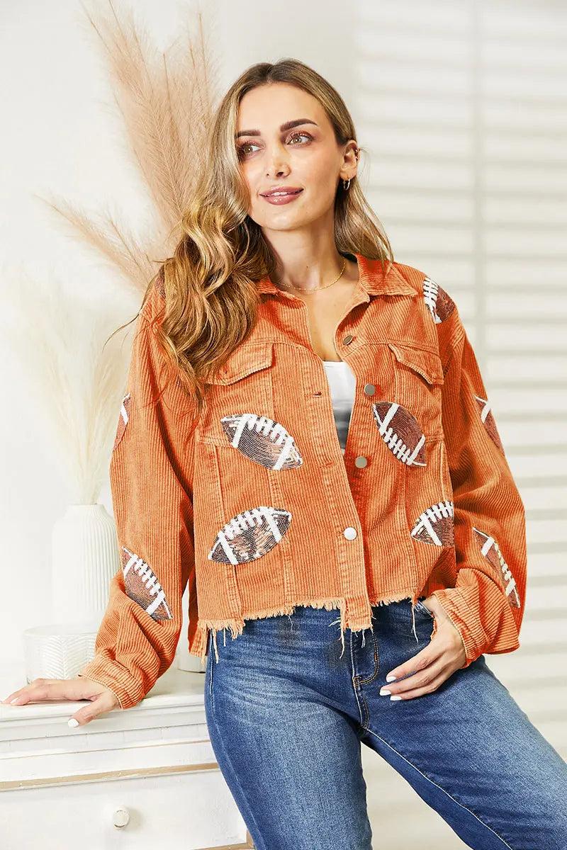 Sequin Football Patch Raw Hem Shacket - Image #9
