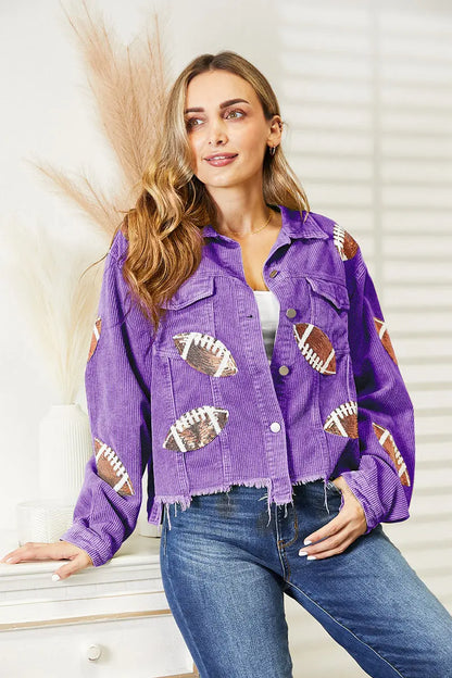 Sequin Football Patch Raw Hem Shacket - Image #12