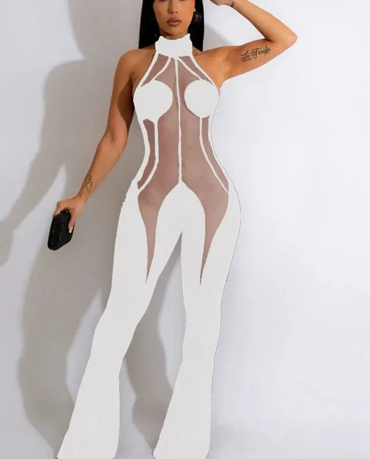 Nude Mesh Patchwork Skinny Jumpsuit - Image #4