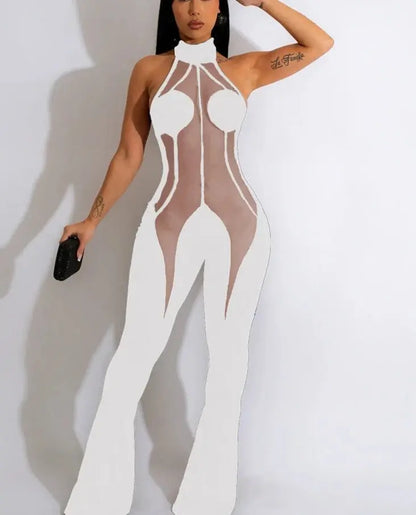 Nude Mesh Patchwork Skinny Jumpsuit - Image #4