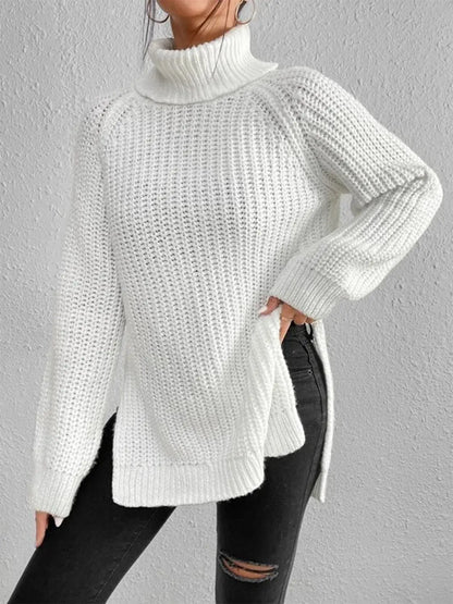 Full Size Turtleneck Rib-Knit Slit Sweater - Image #5