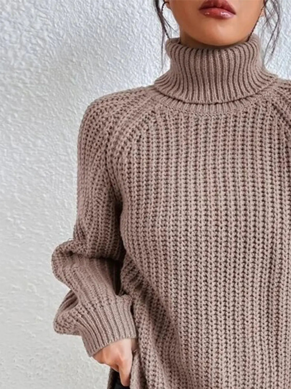 Full Size Turtleneck Rib-Knit Slit Sweater - Image #20