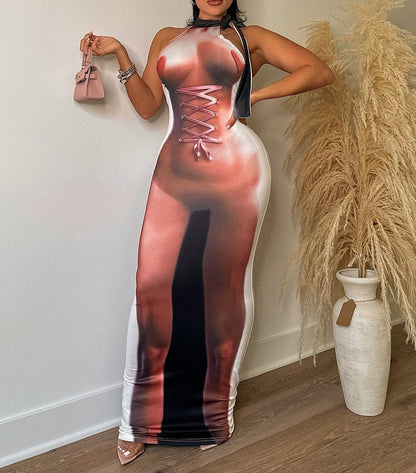 Women's Body Printing O-Collar Sleeveless Dresses