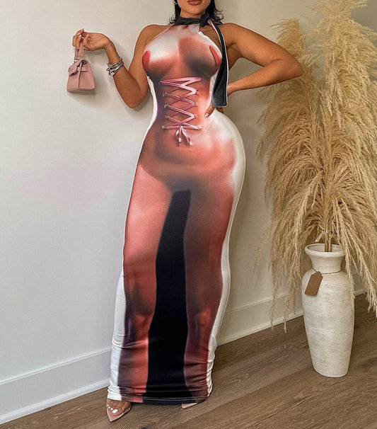 Women's Body Printing O-Collar Sleeveless Dresses