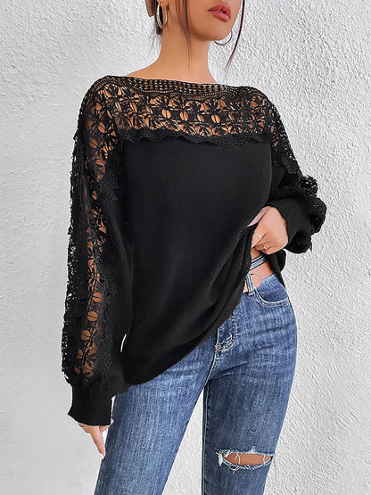 Lace Trim Boat Neck Knit Top - Image #1