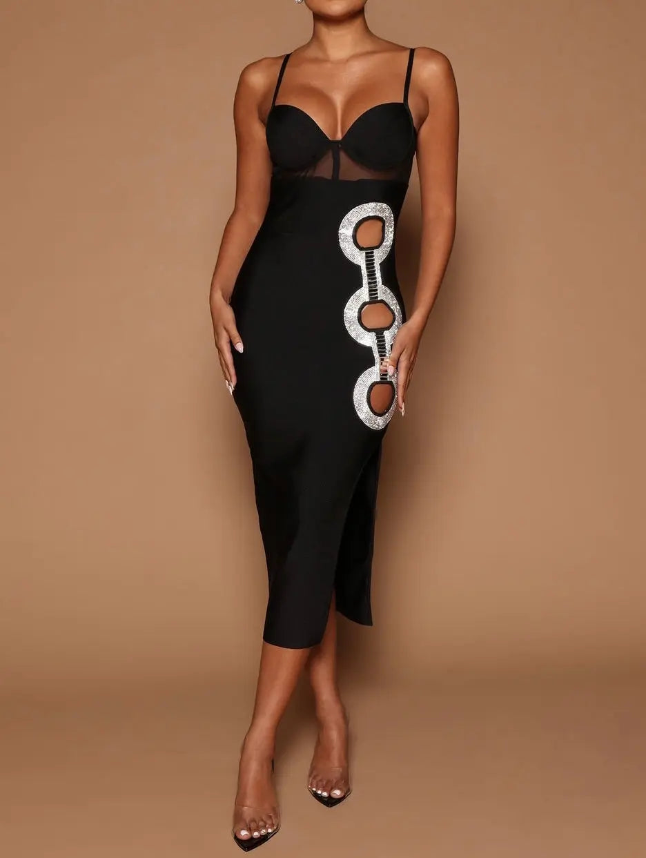Elegant Midi Bodycon Dress- Black - Image #2