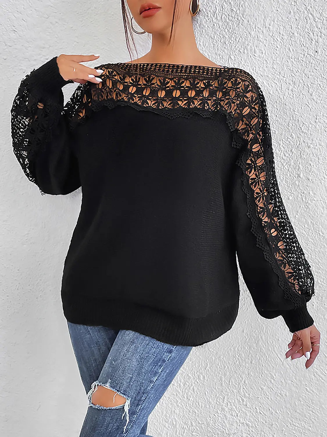 Lace Trim Boat Neck Knit Top - Image #5