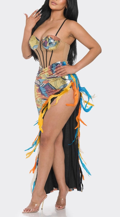 Sheer Mesh Feather Corset Sequin Dress