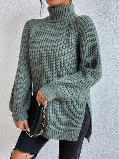 Full Size Turtleneck Rib-Knit Slit Sweater - Image #1