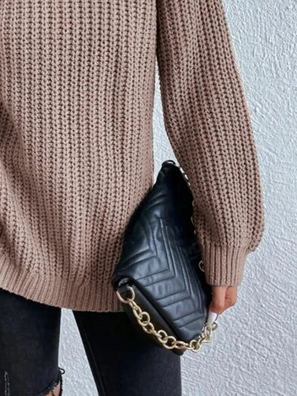 Full Size Turtleneck Rib-Knit Slit Sweater - Image #21
