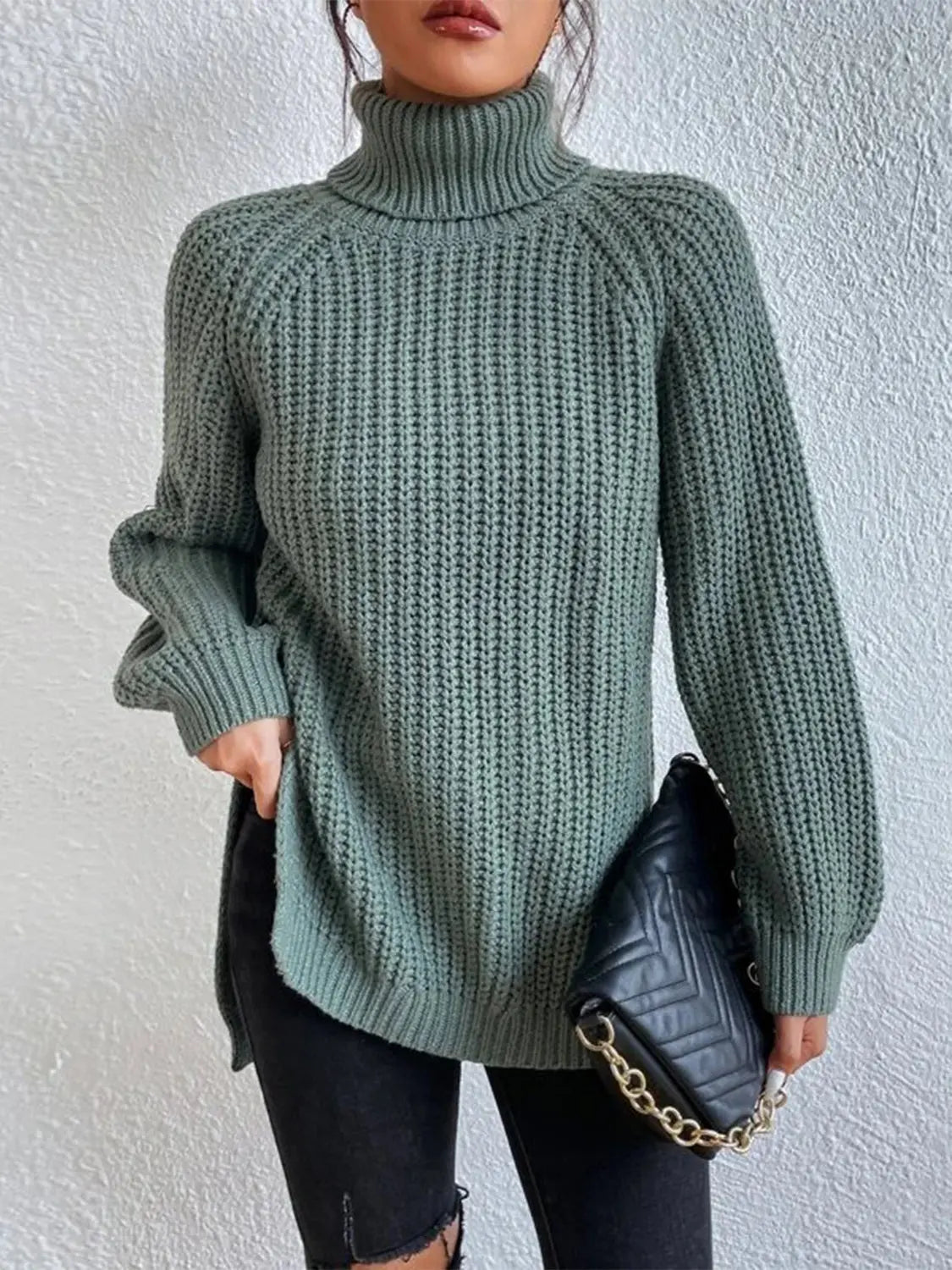 Full Size Turtleneck Rib-Knit Slit Sweater - Image #2