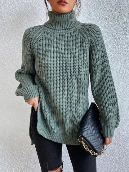 Full Size Turtleneck Rib-Knit Slit Sweater - Image #2