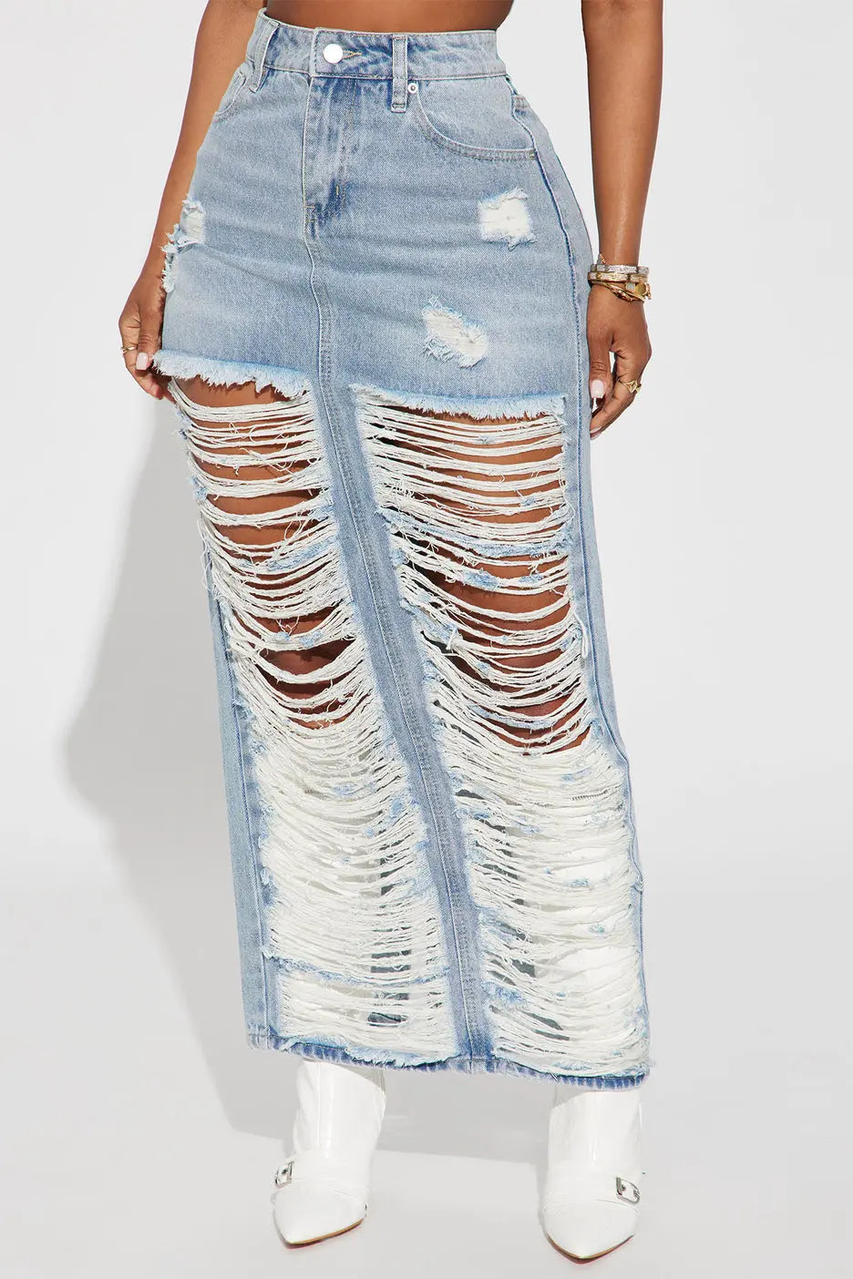 Ripped Maxi Long Deni Jean Skirts - Image #1