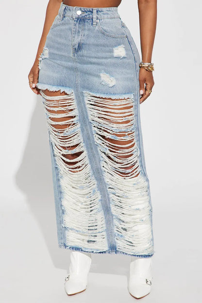 Ripped Maxi Long Deni Jean Skirts - Image #1