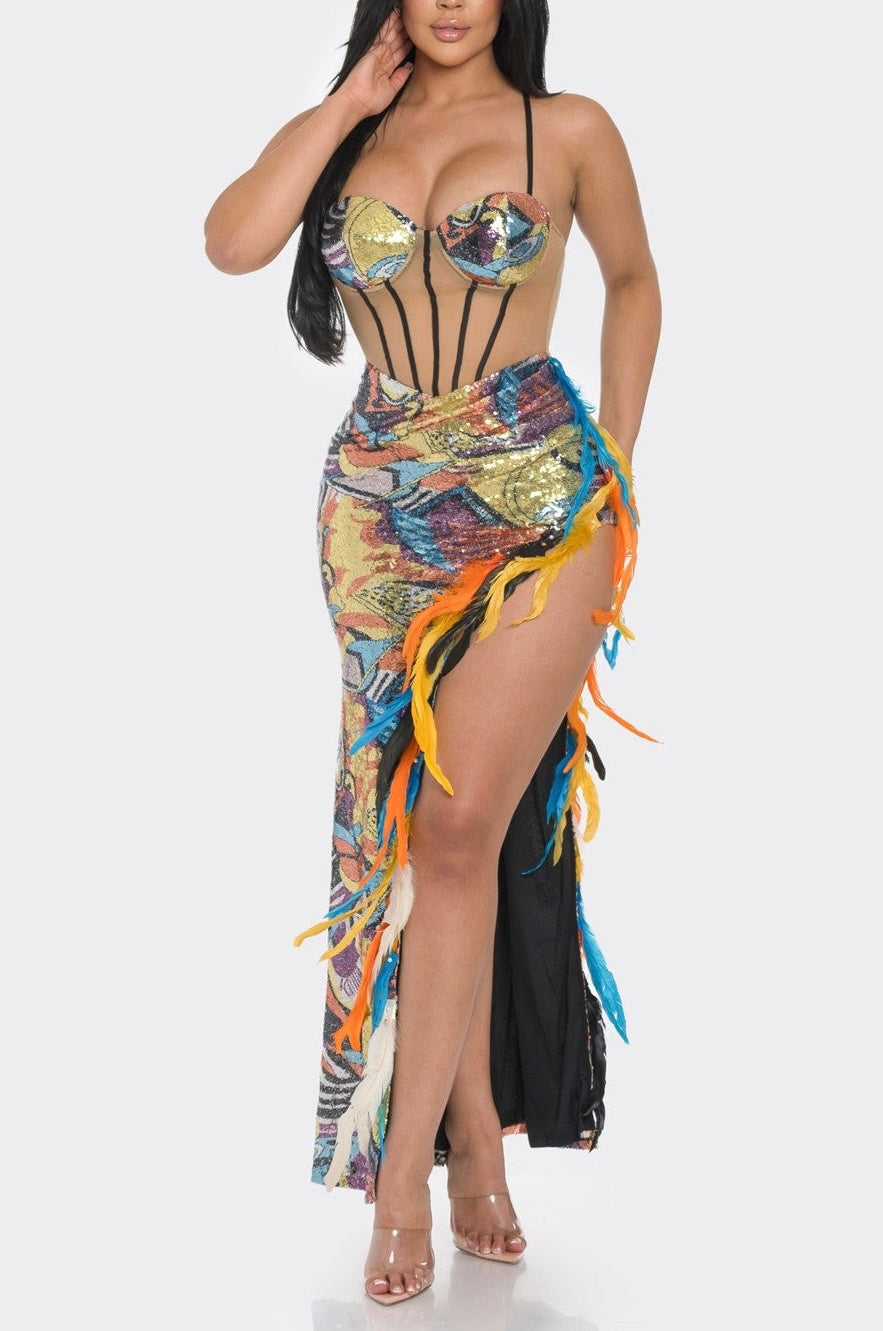 Sheer Mesh Feather Corset Sequin Dress