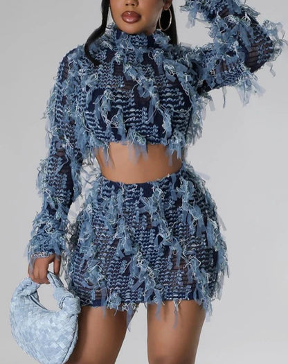 Tassel Thin Crop Tops+ Skirts Set