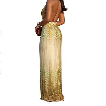 Woman in a green and gold dress standing outdoors with a cactus plant in the background