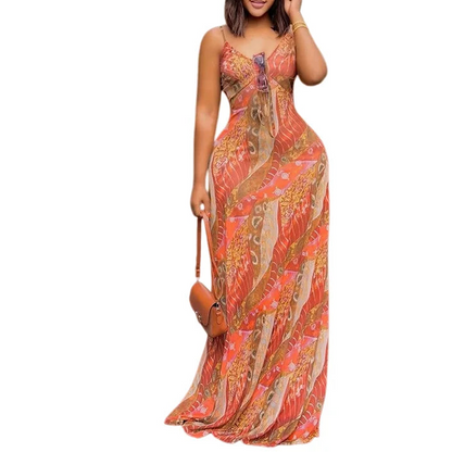Woman wearing a long, patterned dress on a white background