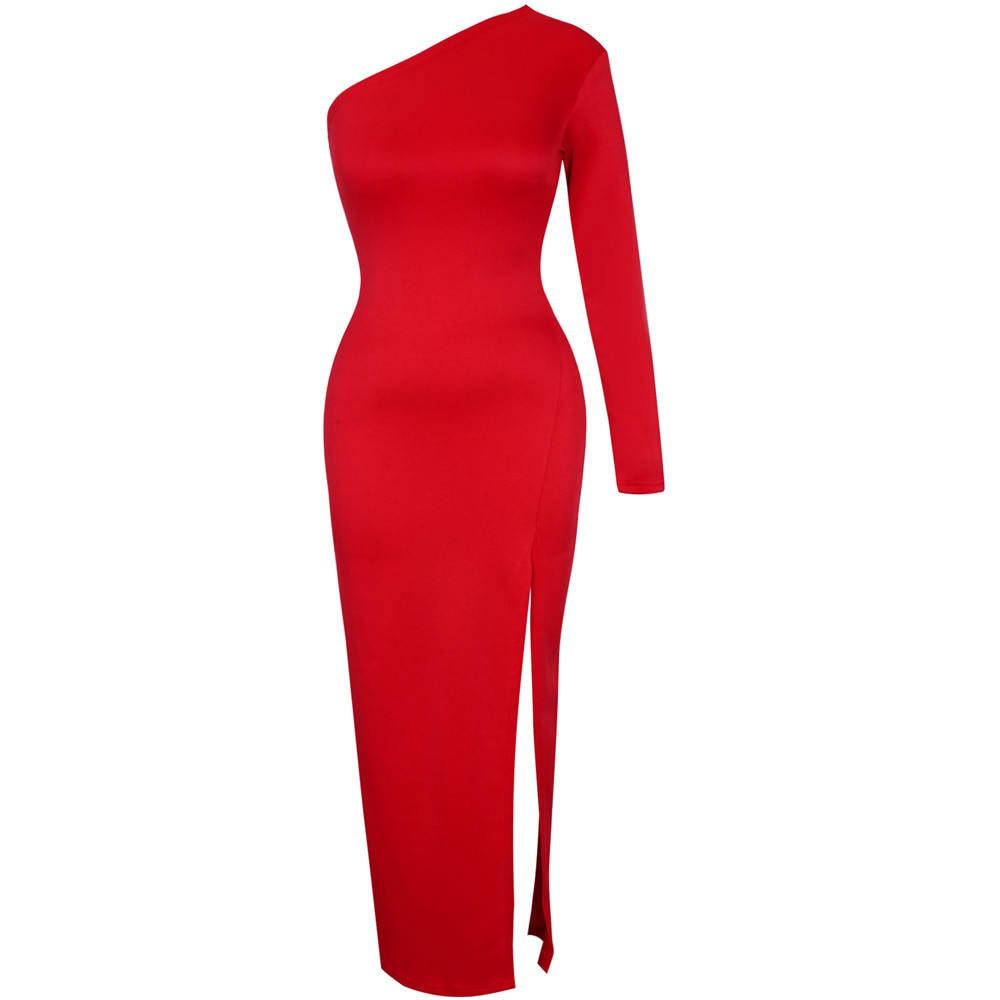 One Shoulder Maxi Dress Bodycon Sexy Black Slit Formal Dress