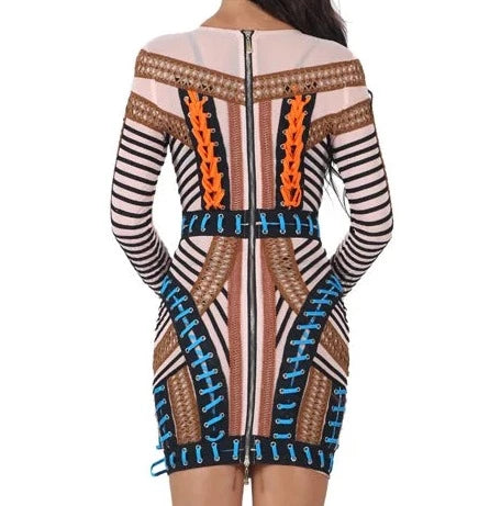 Woven Lace-Up Mesh Long Sleeve Bandage Mini Dress