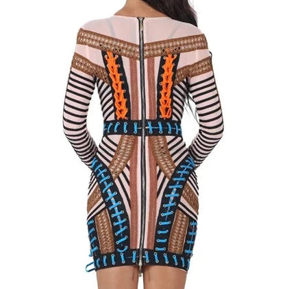 Woven Lace-Up Mesh Long Sleeve Bandage Mini Dress