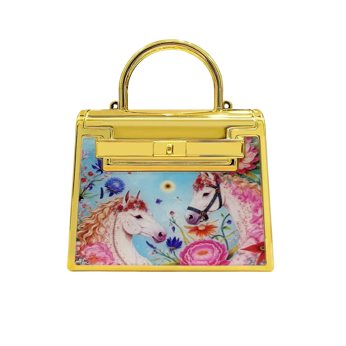 Gold handbag with unicorn and floral design on a white background