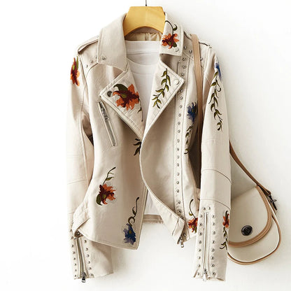 Floral Print Embroidery Faux  Leather Jacket