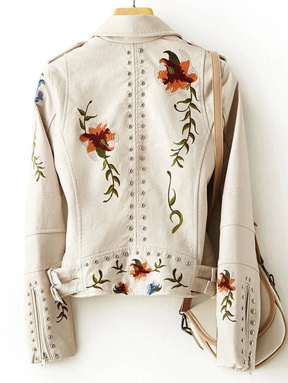Floral Print Embroidery Faux  Leather Jacket