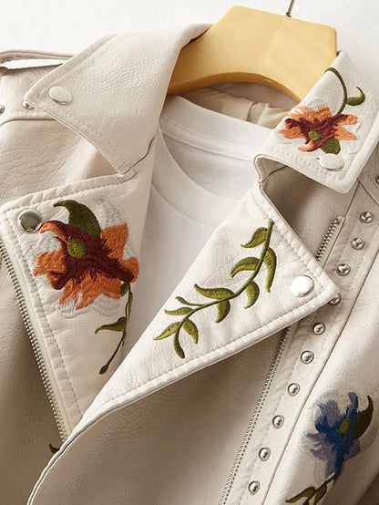 Floral Print Embroidery Faux  Leather Jacket