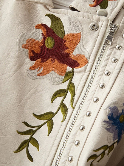 Floral Print Embroidery Faux  Leather Jacket
