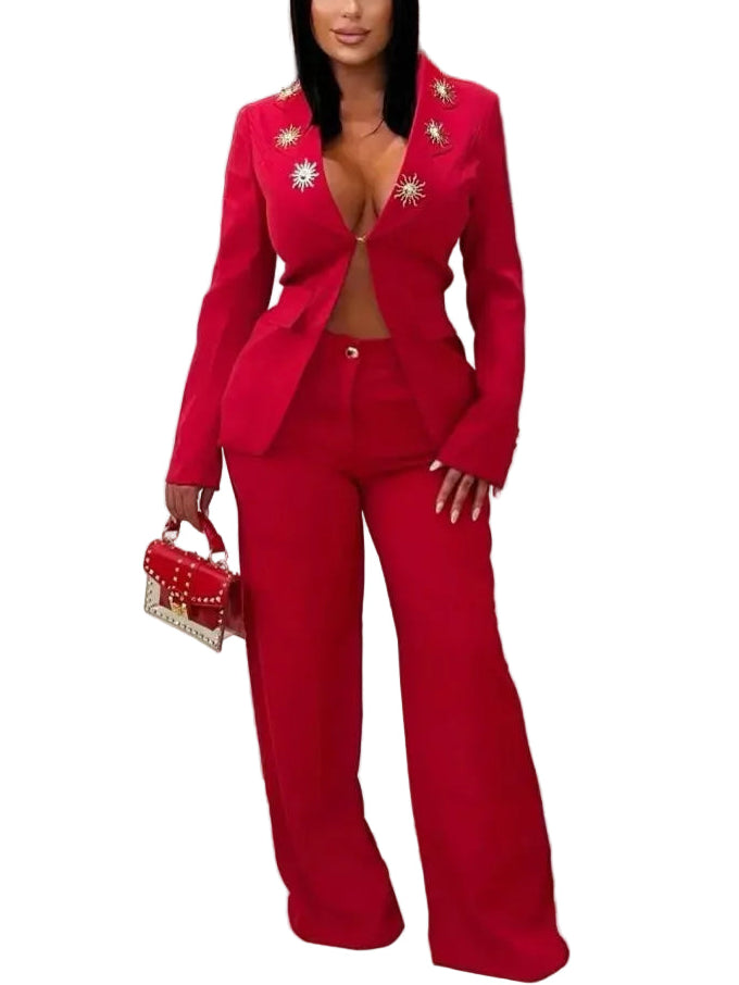 Person wearing a red outfit with embellishments in an indoor setting
