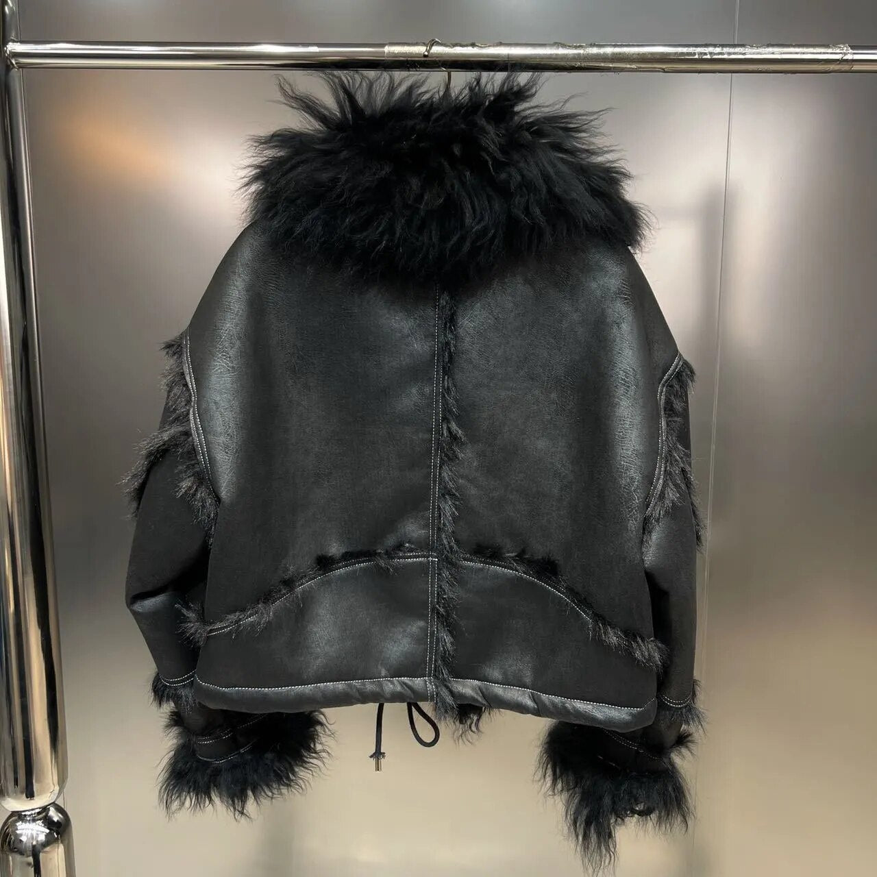 Collar Velvet Sleeve Furry Faux Leather Tops