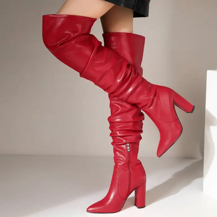 Coarse Heel High -heeled  Leather Boots