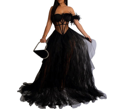 Women Elegant One Shoulder Mesh Feather Dress