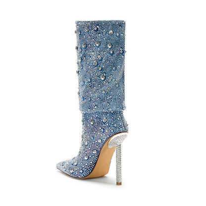 Denim Diamond Metal Thin Heel Boots