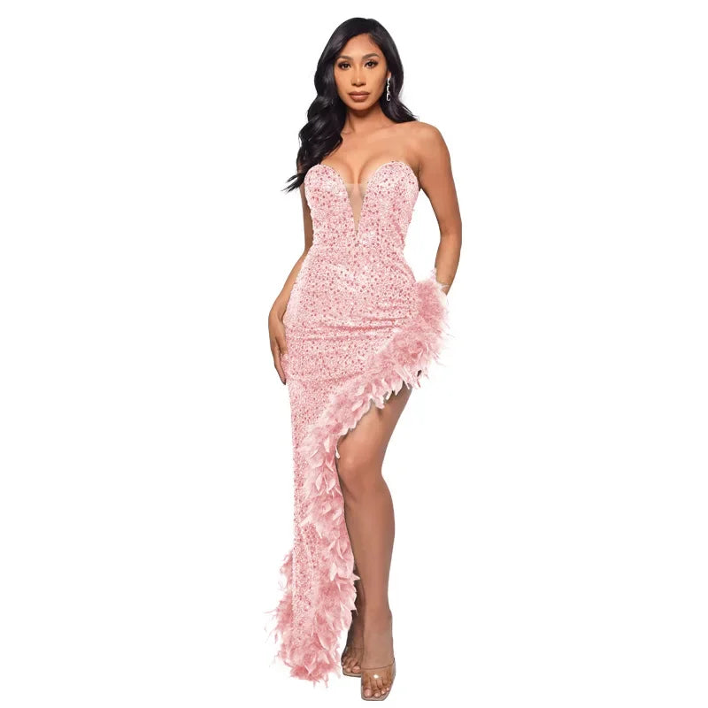 Off Shoulder Sequin Feather Dress