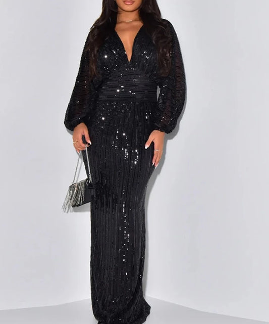Deep V Neck Sequined Maxi Dress