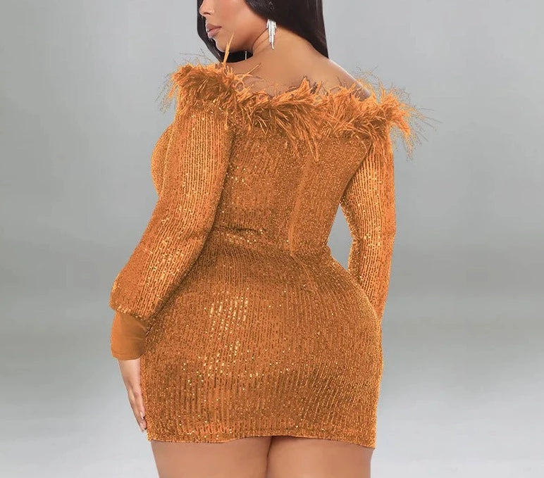 Sequins Feather Slash Mini Dress