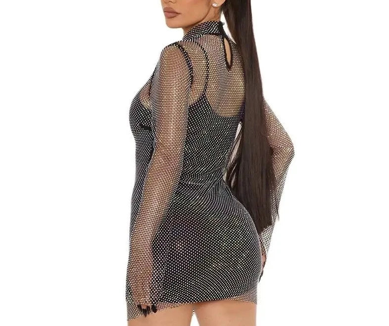 Mesh See Through Turtle Neck Hollow Out Dress