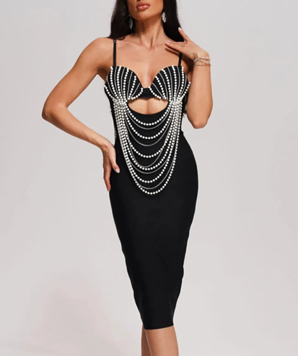 Pearl Bead Chain Midi Bandage Dress-Black/White