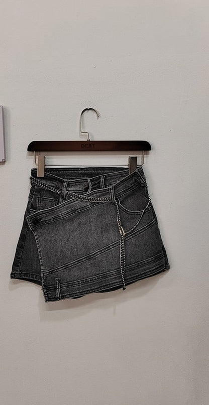 Denim Skirt High Waist Irregular Chain Fake 2 Pcs Mini Grey Skirts EMJP TRENDS