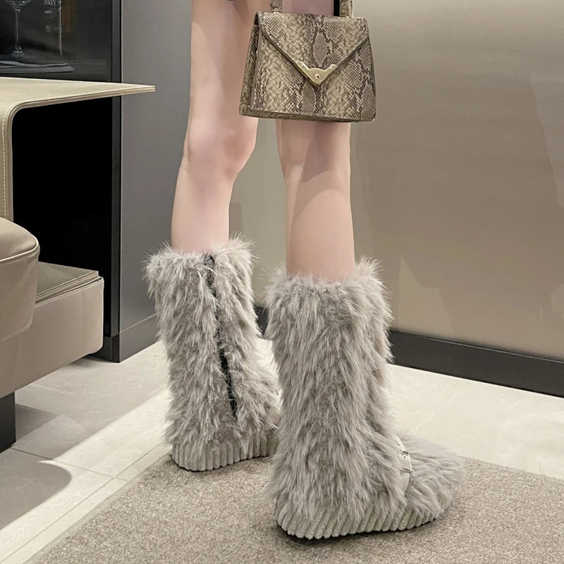 Fur Boots Side Zipper Knee High Booties