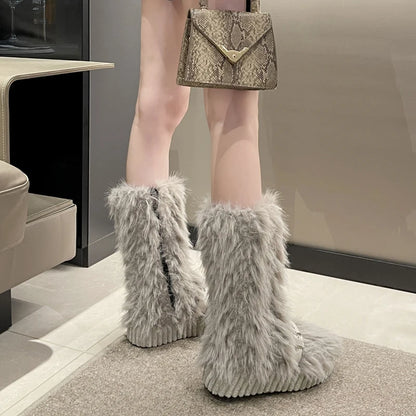 Fur Boots Side Zipper Knee High Booties