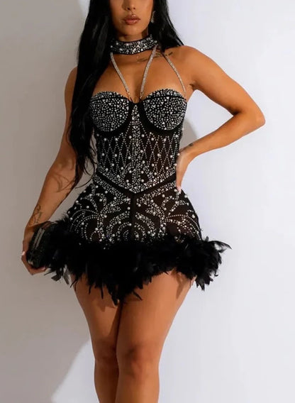 Halter Neck Crystal Mesh Romper Dress