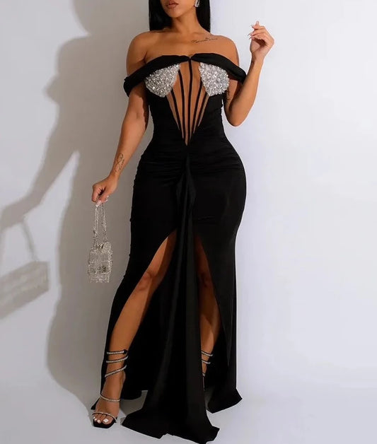 Sequined Splice Off Shoulder Dress Women