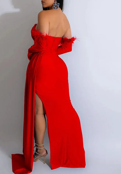 Feather Details High Split Maxi Dress